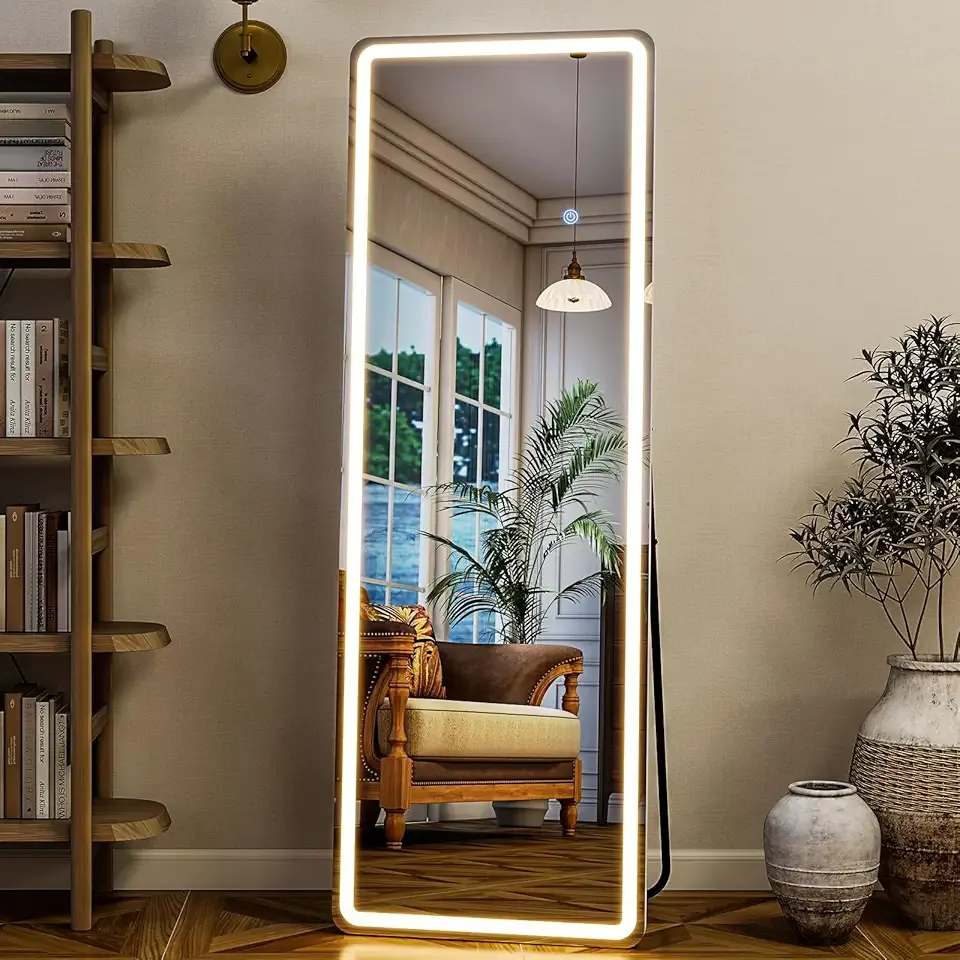 GLSLAND LED Full Length Mirror - 56" x 20" Floor Standing Mirror with Light for Bedroom/Cloakroom -Dimmable & 3 Color Lighting/Wall Mounted Full Body Mirrors