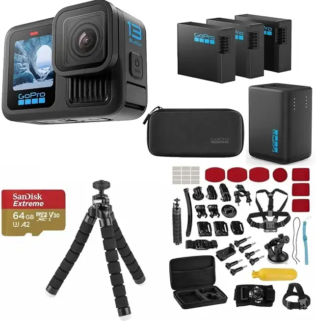 HERO13 Black Action Camera with 3 Enduro Batteries, Dual Charger, 64GB SD, 5.3K HDR Video, 27MP Photos, HyperSmooth Stabilization, Waterproof Design, 47-Piece Accessory Kit, 1-Year Warranty
