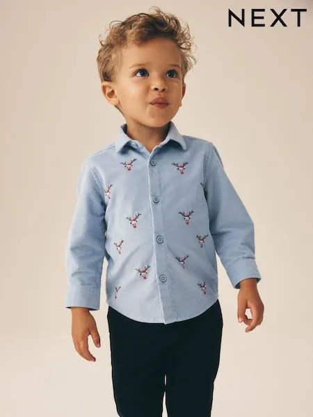Pale Blue Long Sleeve All Over Embroidery Christmas Shirt (3mths-10yrs)