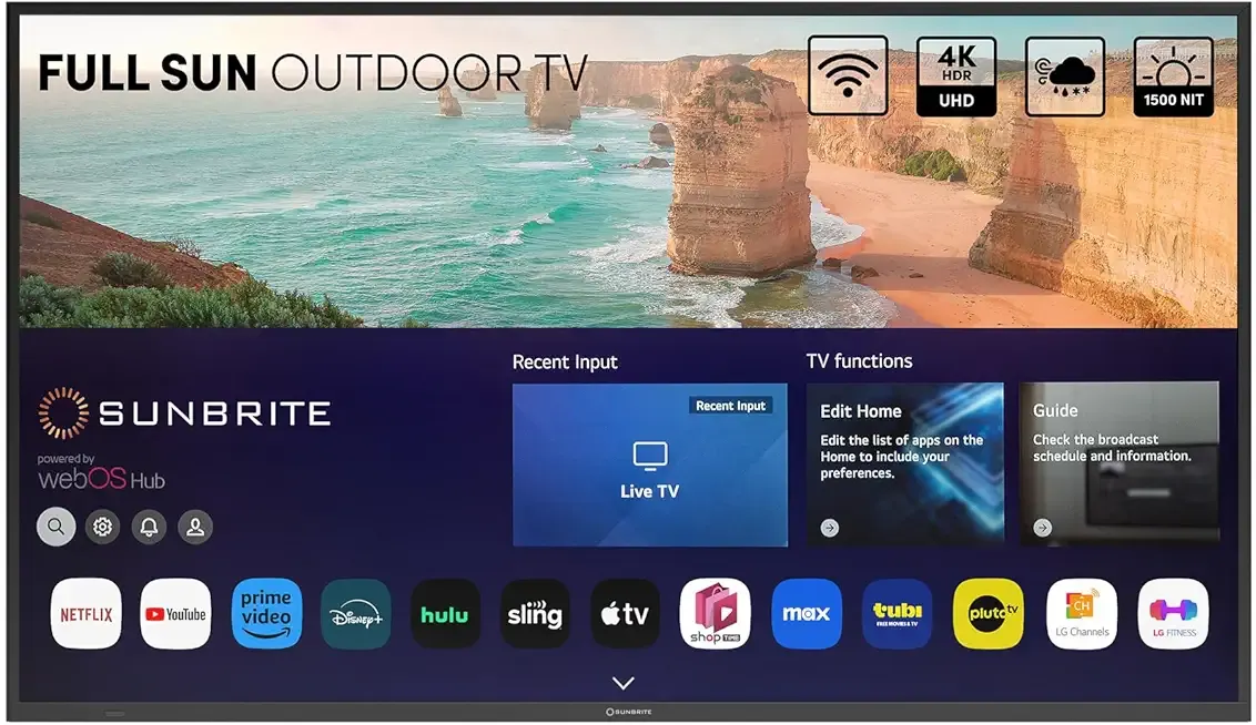 SunBrite 75" Solis Smart Outdoor Television, Full-Sun 4K TV, 1500-Nit Brightness, Anti-Glare Screen, IP55 Weatherproof, Wi-Fi Bluetooth, Integrated Speakers SB-FS-75-BL