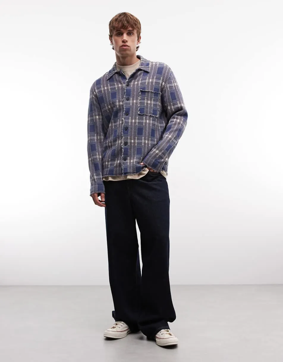 AllSaints Solmar long sleeve knitted distressed check cardigan in blue