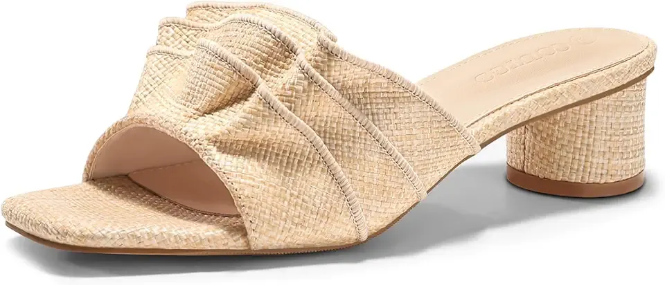 Womens Raffia Chunky Low Heels Sandals Square Open Toe Mules Ruffle Slip On Summer Dress Shoes