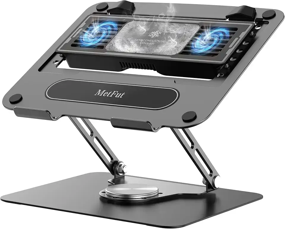 Laptop Cooling Pad with Detachable Fan & Cooler, Adjustable Height & Angle, 360 Rotation Base, Carbon Steel Framework, Ultra-Quiet & Super Sturdy for Laptop, DJ Mixer Workstation, and Home