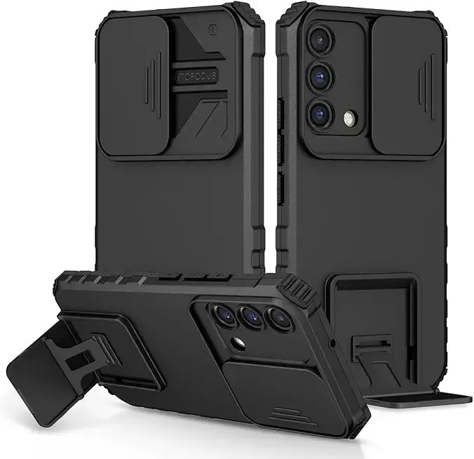 Case for Oppo A74 4G Case, Oppo F19/Reno 6 Lite CHP2219 Case with Slide Camera Lens Kickstand Military-Grade Bumpers Armor Shockproof Protective Cover for Oppo A74 4G Black
