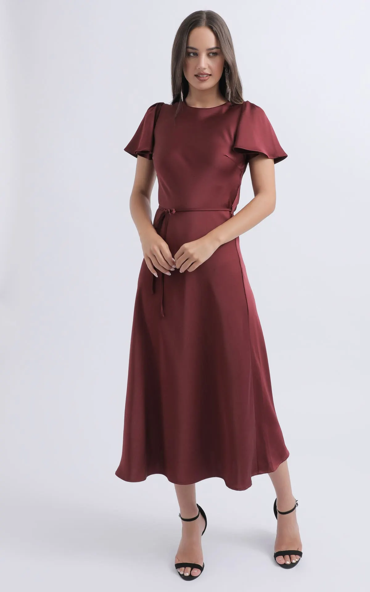 Satin Flutter Sleeve Midi Dress