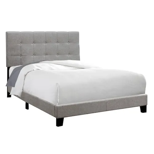 Bed, Full Size, Platform, Bedroom, Frame, Upholstered, Linen Look, Wood Legs, Grey, Transitional