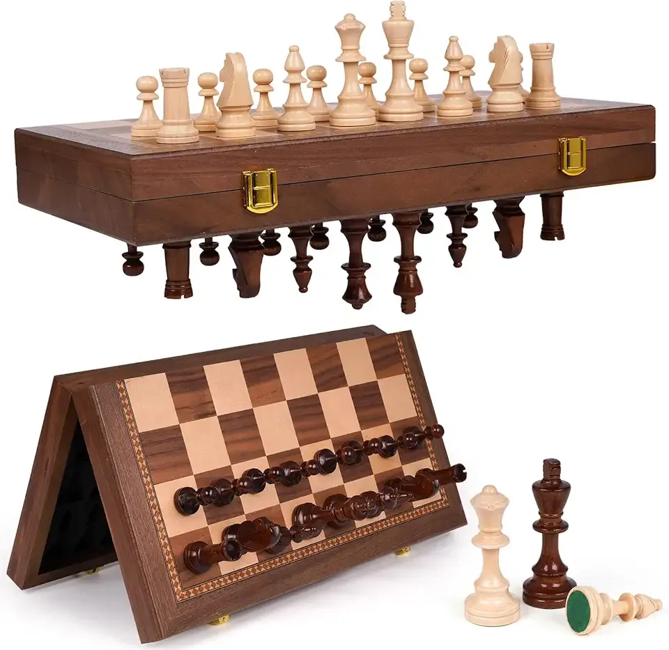 15 Inch Magnetic Chess Set with Wooden Folding Board, Staunton Chess Pieces, 2 Extra Queens Included, Portable Travel Chess Set, Classic Strategy Board Game for Kids & Adults (Walnut)
