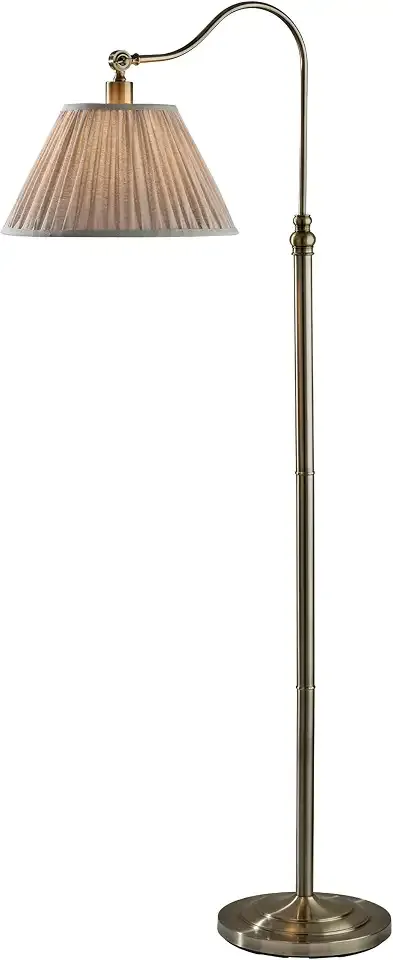 Adesso Antique Brass Arc Floor Lamp, Pleated Oatmeal Shade, Curved Arm 63” Tall Standing Lamp for Living Room, Bedroom, Home Office