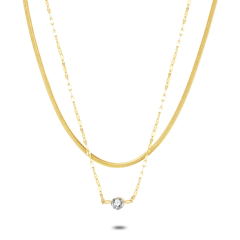 Halsketting in goudkleurig edelstaal, dubbele ketting, 1 zirkonia, platte slang