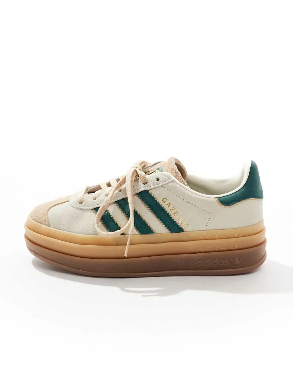 adidas Originals Gazelle Bold platform trainers in cream and green with gum sole