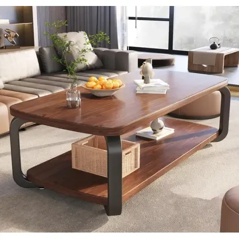 Mesa de Centro Rectangular 120x60 – Color Nogal con Patas Metálicas de 2 Niveles