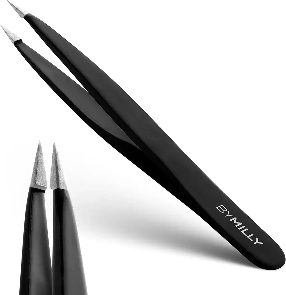 Pointed Tweezers | High Carbon Stainless Steel Needle Nose | Fine Point Precision Hair Removal | Perfectly Aligned & Hand-Filed Sharp | Black