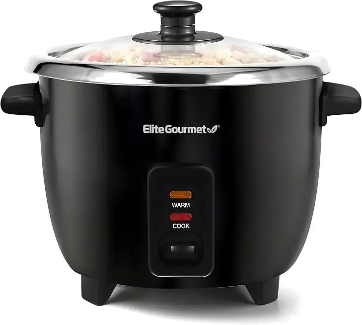 Elite Gourmet ERC006SS 6-Cup Electric Rice Cooker with Stainless Steel Inner Pot, Makes Soups, Stews, Porridges, Grains and Cereals, 6 cup (3 cups uncooked), Black