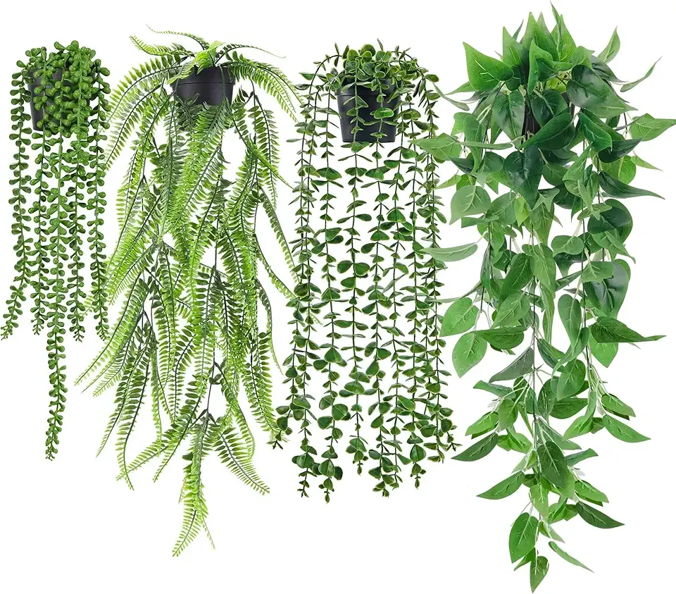Der Rose 4Pcs Fake Plants Hanging Artificial Ivy Vine Faux Eucalyptus Hanging Plants, Boston Fern, String of Pearls for Living Room Aesthetic Bedroom Boho Kitche Wall Shelf Indoor Outdoor Decor