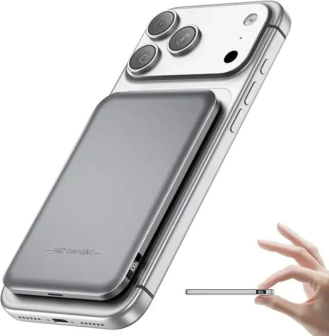 Aobbow Magnetic Portable Charger, 50% Smaller & Slimmer 5000mAh Power Bank with LED Display, 15W Fast Charging Battery Pack, Travel Essential MagSafe Compatible Charger for iPhone 17/16/15 - Gray