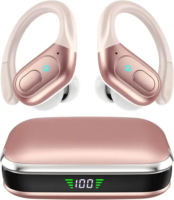 sajawass Wireless Earbuds Bluetooth 5.4 Headphones, IPX7 Waterproof Earphones, Over-Ear Earphones, Noise Canceling Ear Buds with 75hr Playtime, LED Power Display for Sports/Workouts - Rose Gold