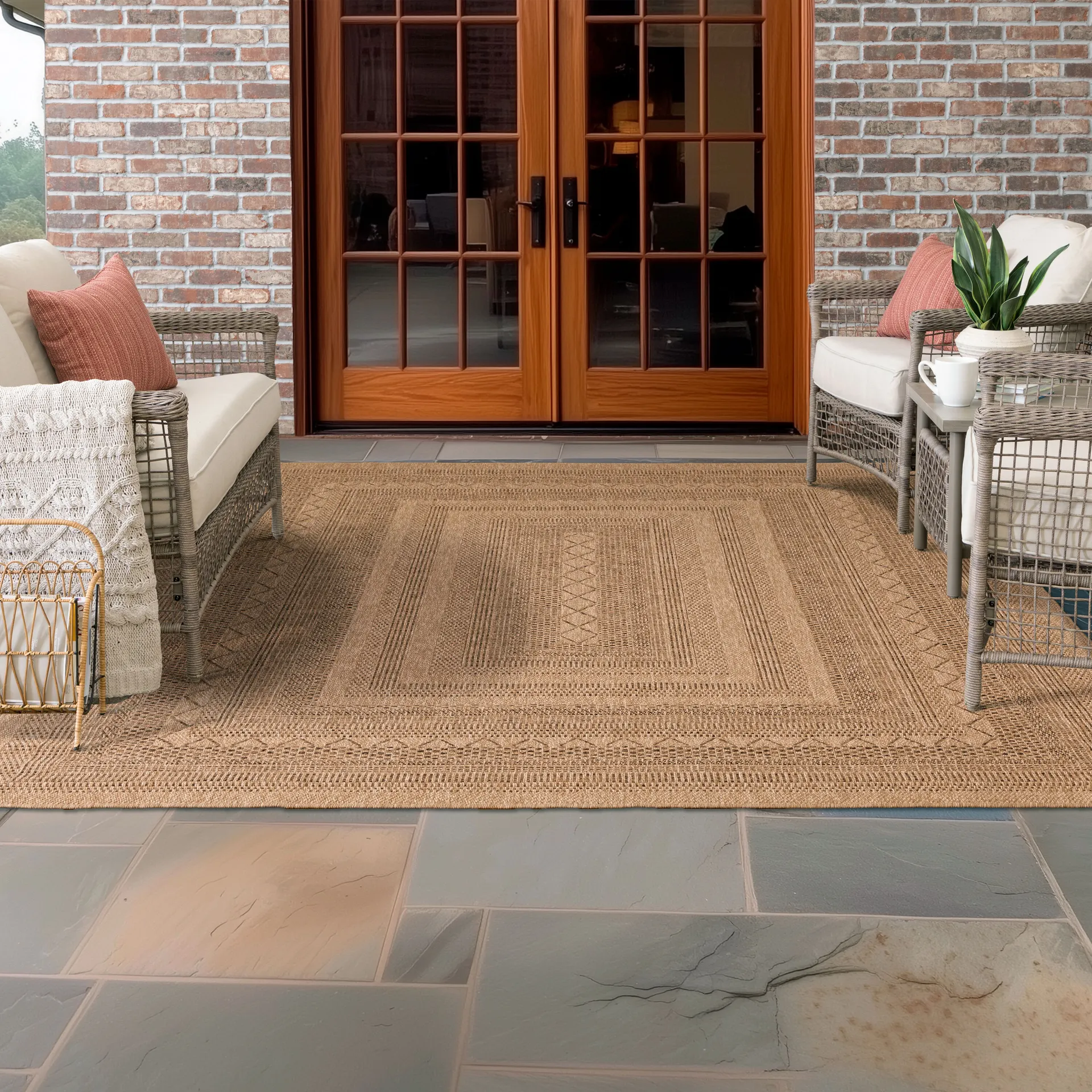 allen + roth with STAINMASTER Jute-Style Woven 7.1-ft x 10-ft Loomed Polypropylene Tan Rectangular Outdoor Hose Washable Pet Friendly Area rug