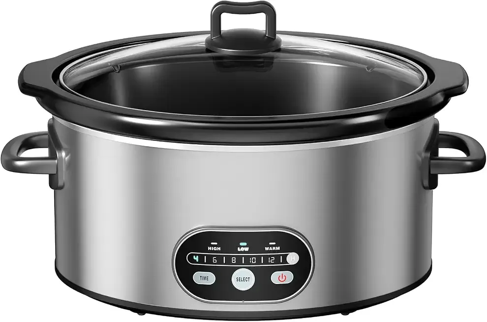 NEWBULIG Slow Cooker 8 Quart, Large Slow Cooker, Ceramic Nonstick Coating, 3 Adjustable Temp Multi Cookers with Dishwasher Safe Stoneware Pot & Tempered Glass Lid, 35in Tangle Free Cord Wrap, Silver