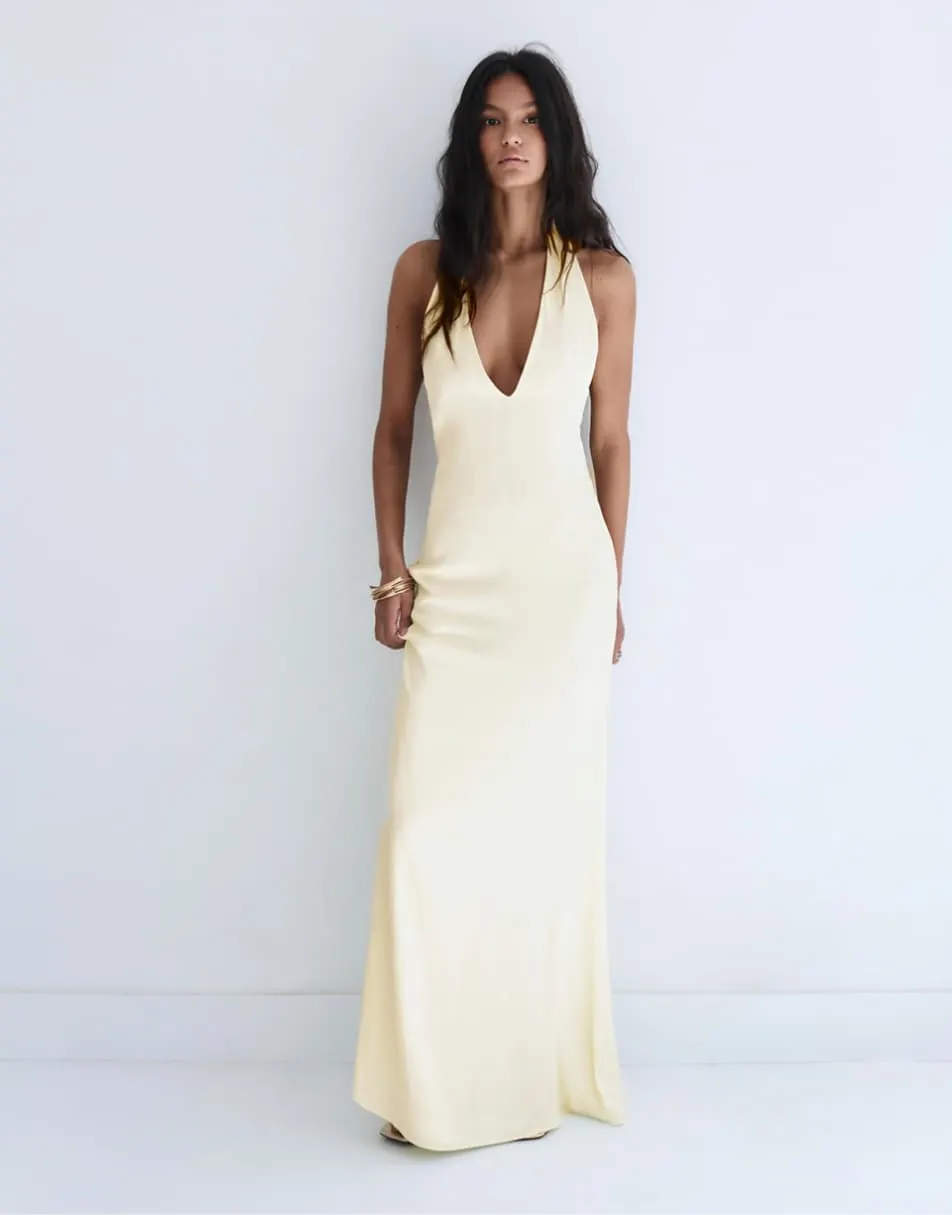 Pull&Bear Long halter prom dress with open back in vanilla