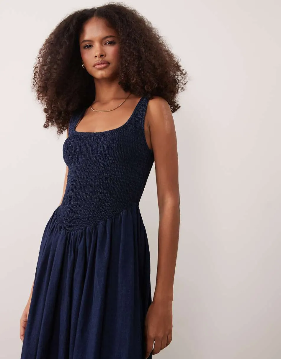 ASOS DESIGN denim shirred scoop neck ballerina midi dress