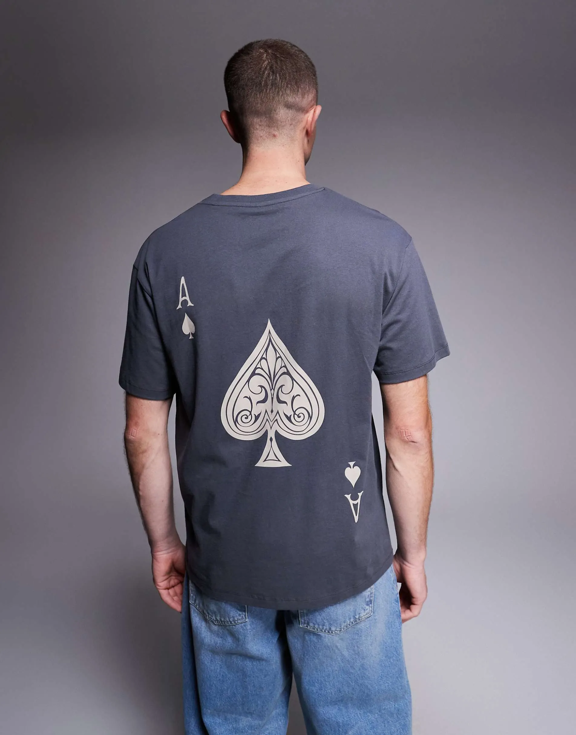 Jack & Jones oversized t-shirt with ace of spades back print in washed grey