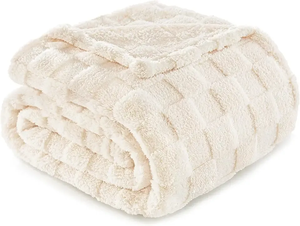 Exclusivo Mezcla Fleece Throw Blanket for Couch,Super Soft and Warm Lightweight Checkered Pattern Blankets for All Seasons, 50x60 Inches, Ivory
