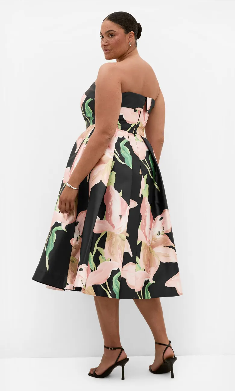 Tiffany Bloom Lily Print Strapless Midi Dress - black