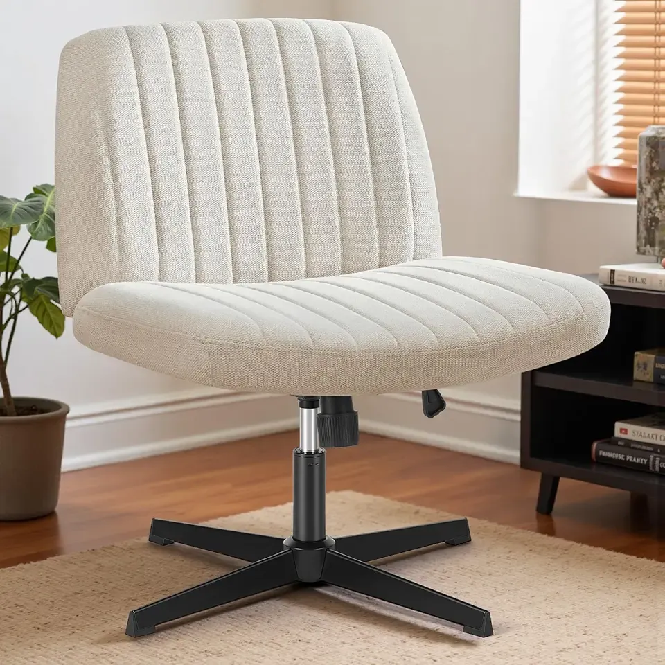 Criss Cross Chair Legged Office Wide Comfy Desk Seat, No Wheels Armless Computer Task Seating, Swivel Comfy Vanity Fabric Modern Home Height Adjustable