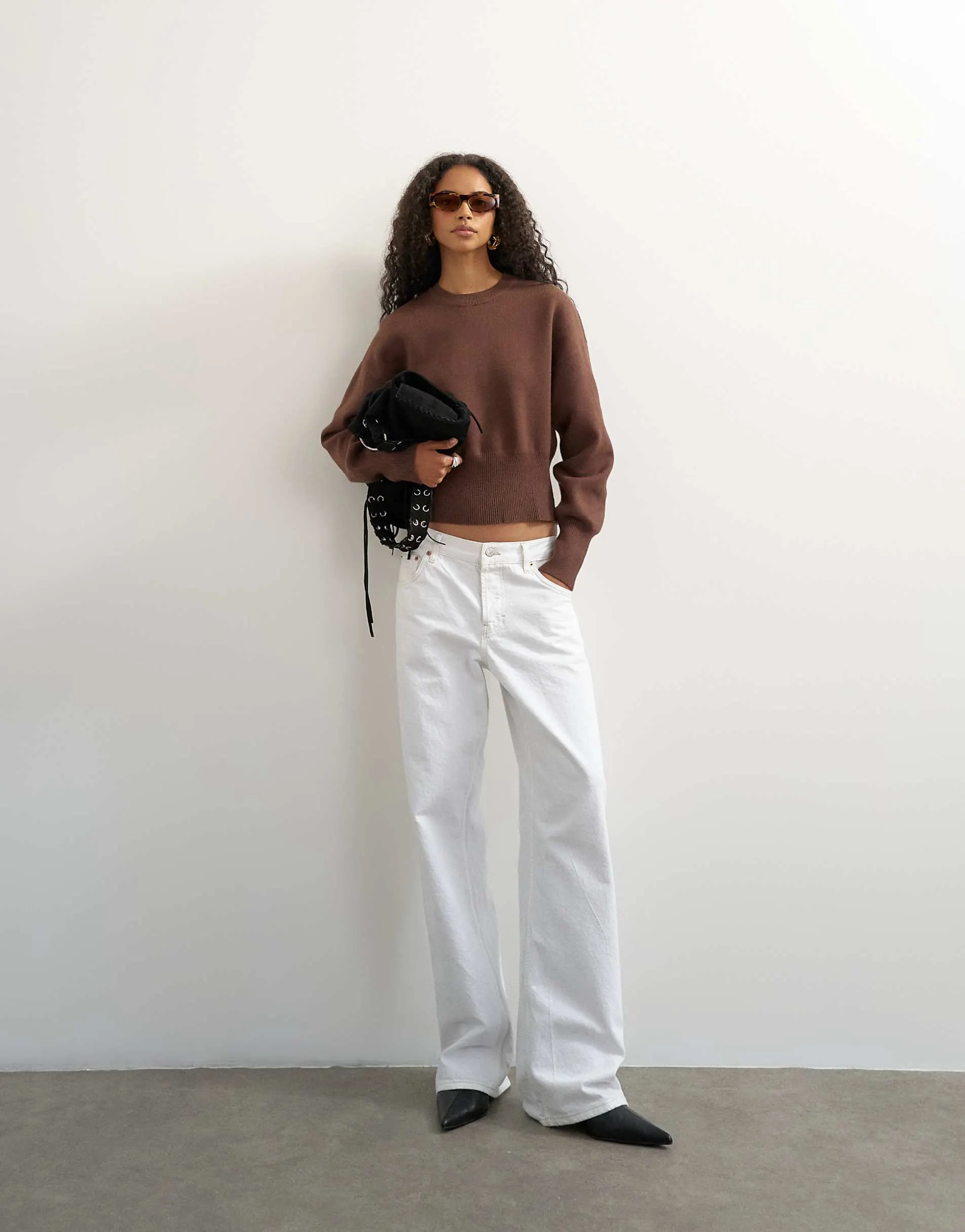 Topshop knitted clean cinch waist batwing sleeve jumper in chocolate