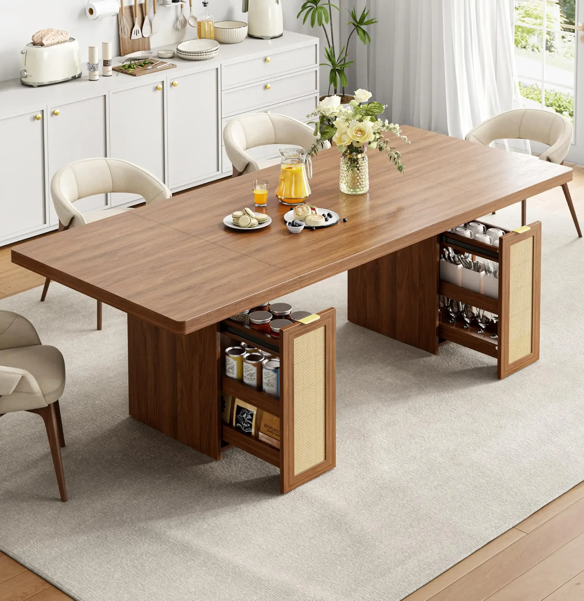 LIKIMIO 78.7" Farmhouse Dining Table for 6-8 People, Extra Thick Wood Top with 2 Hidden Adjustable Storage Drawers, Modern Woven Rattan Table for Dining Room, Kitchen, Living Room, Vintage Brown