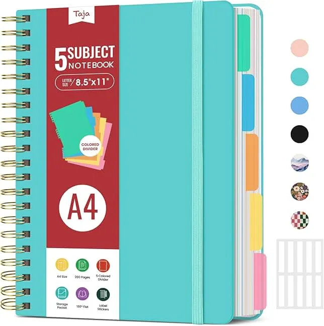 Hardcover Spiral Journal Notebooks for Work With Removable Dividers & Tabs, 8.5"x11" 5 Subject Notebook for Note Taking & Organizer, A4 College Ruled Lined Journal for Women & Writing, Aquamarine, 280 Pages