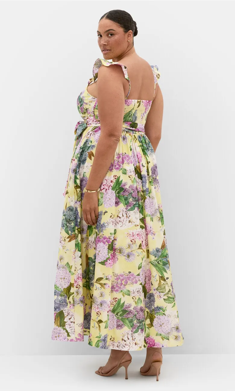 Annika Hydrangea Print Cotton Maxi Dress - lemon