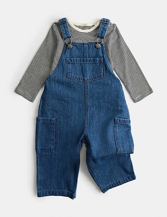 2-teiliges Outfit mit Denim-Latzhose (0–3 Jahre)