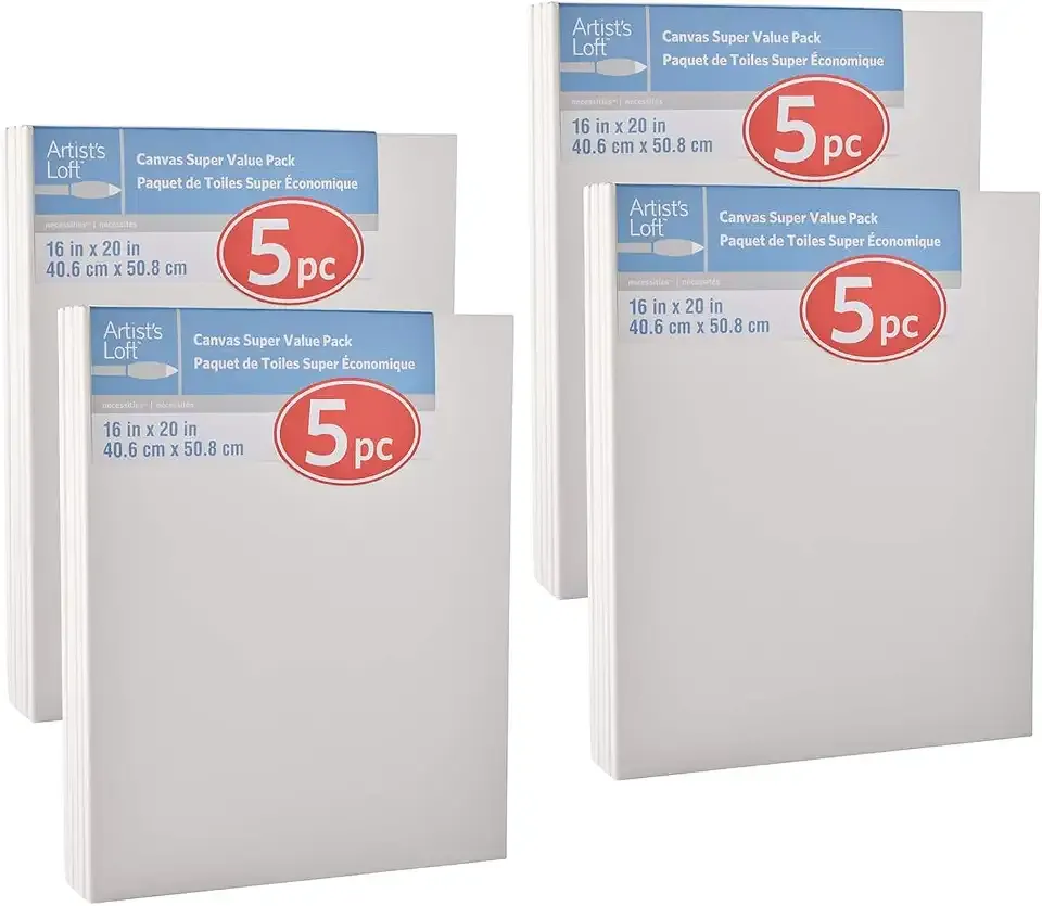Artist's Loft 5 Count (20 Total) 16” x 20” White Super Value Canvas - Acid Free Cotton Canvas for Paint, Acrylic, & Oils - Bulk 4 Packs