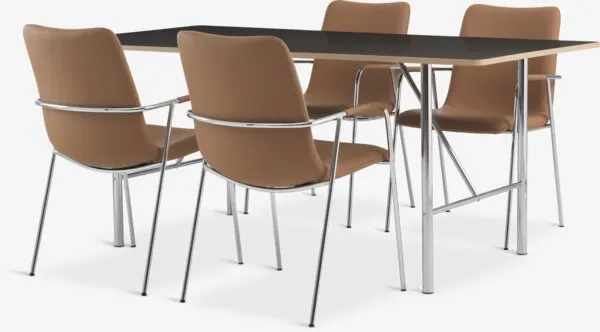 HORNUM L180 tafel bruin/chroom + 4 LAUTRUP stoelen cognac/ch