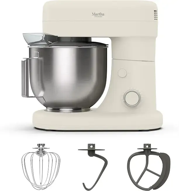 Martha Stewart 5.3QT Tilt Head Stand Mixer, 12 Speeds, Stainless Steel Bowl | Dough Hook, Stainless Whisk, Beater, Removable Splash Shield, Bread, Cake & Whipping, Electric Kitchen Mixer, Linen Cream