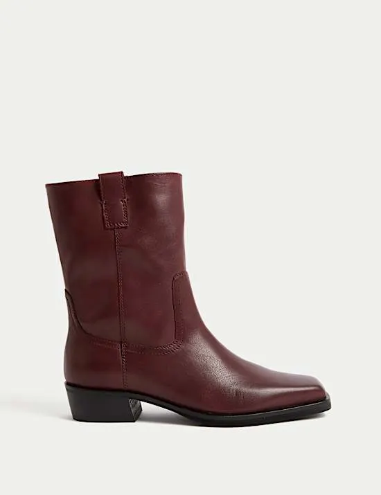 Leather Block Heel Chisel Toe Ankle Boots