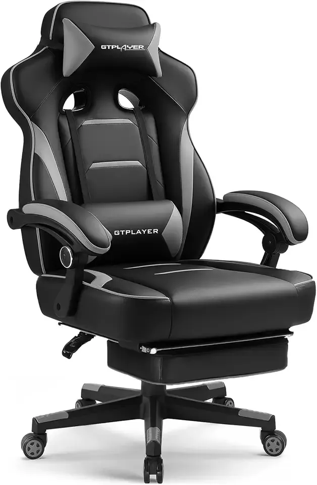 GTPLAYER Gaming Chair with Footrest, 350LBS Big and Tall Office Chair, Ergonomic High Back Lumbar Support and Recliner for Back Pain Relief, Moon Gray
