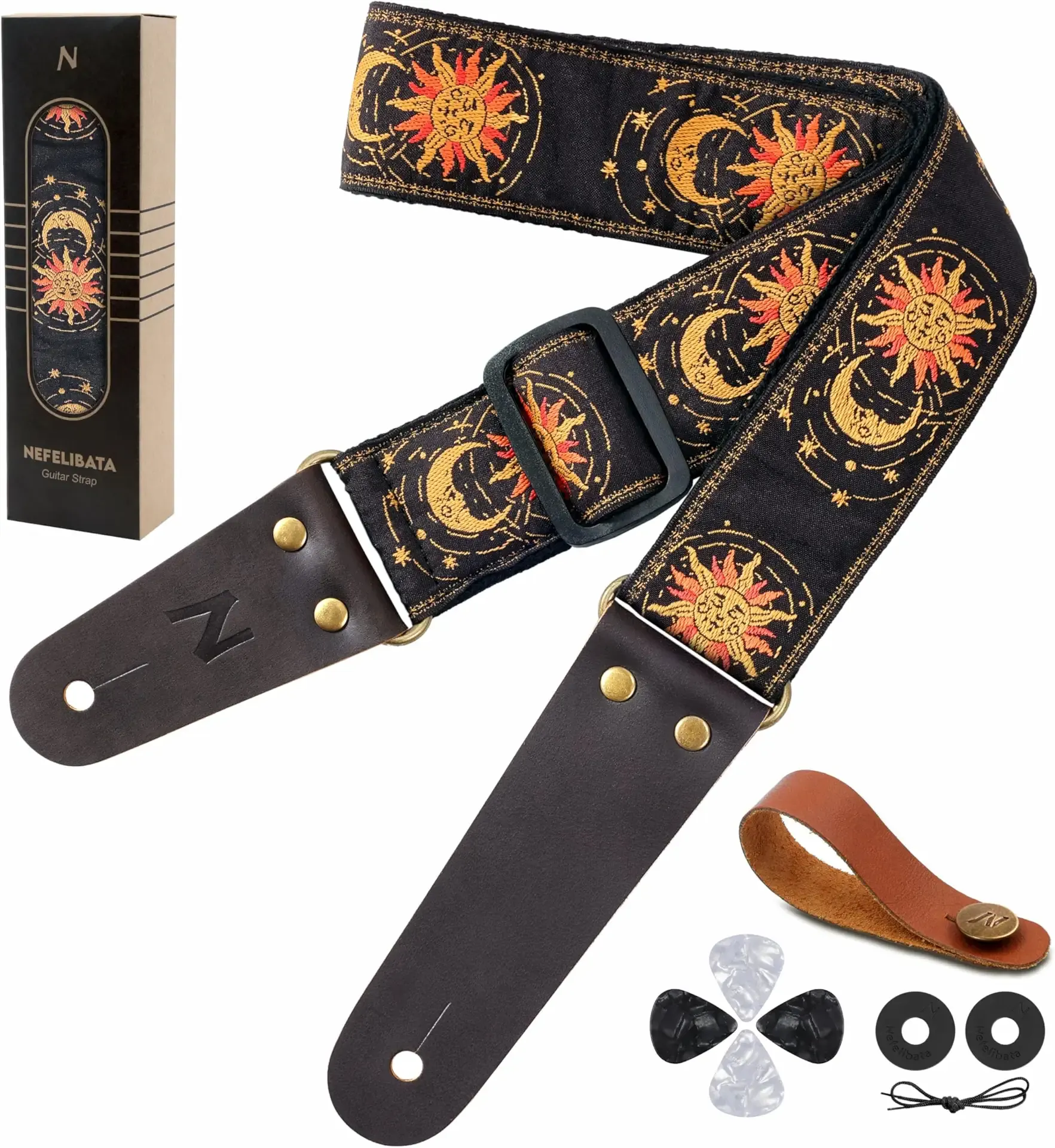 Nefelibata Guitar Strap, Sun & Moon Embroidery Guitar Straps with Head Cowhide Leather Ends for Bass, Electric & Acoustic Guitars, Free Strap Button, 1 Pair Strap Locks and 4 Guitar Picks