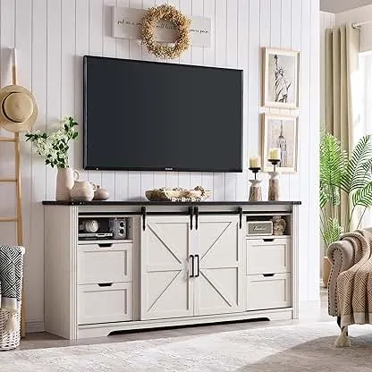 Farmhouse TV Stand for 75+ Inch TV, 32" Tall Entertainment Center w/4 Drawers & Sliding Barn Door, Rustic Media Console w/Storage Shelves, 66" Wood Television Stand for Living Room, Off White Farmhouse TV Stand for 75+ Inch TV, 32" Tall Entertainmen…