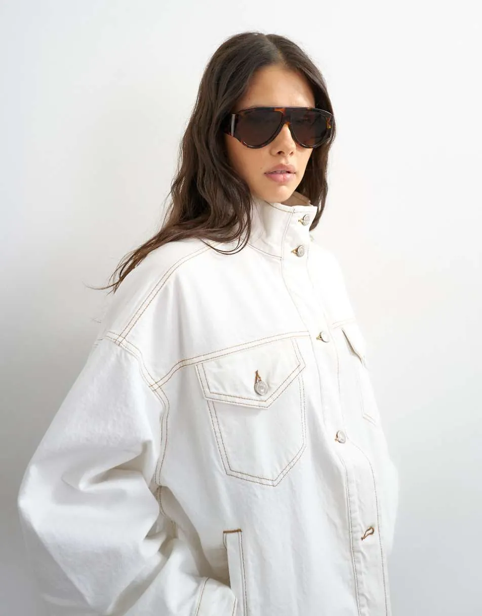 Topshop denim funnel neck elastic hem detail jacket in bone