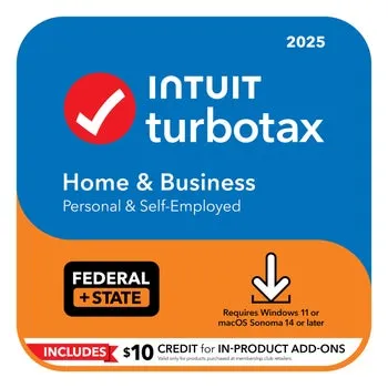 TurboTax Home & Business 2025 Federal E-File/State Download for PC/Mac, Plus $10 Credit In-Product