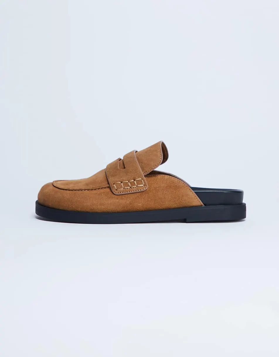 Topshop Addie real suede mule loafer in tan