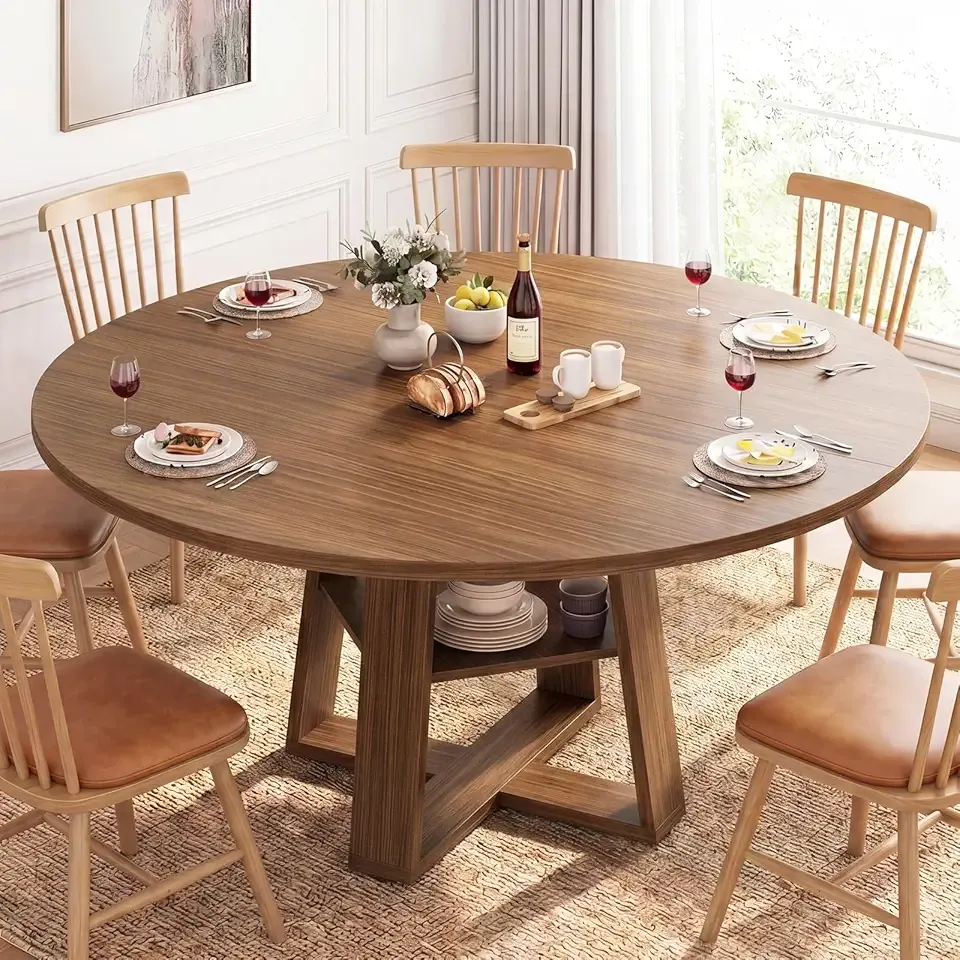 DUMOS Extendable Round Dining Table for 4-8, Modern Kitchen Oval Dinner Table with Storage Shelf, Wood Pedestal Table, Space Saving Modern Style, Brown