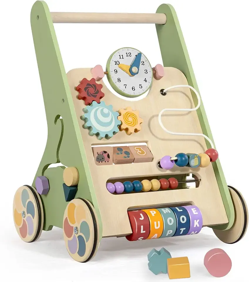 Wooden Baby Walker with Wheels, Push Walker for Baby Boy 12 Months, Baby Activity Center Sit to Stand Walker Small Size