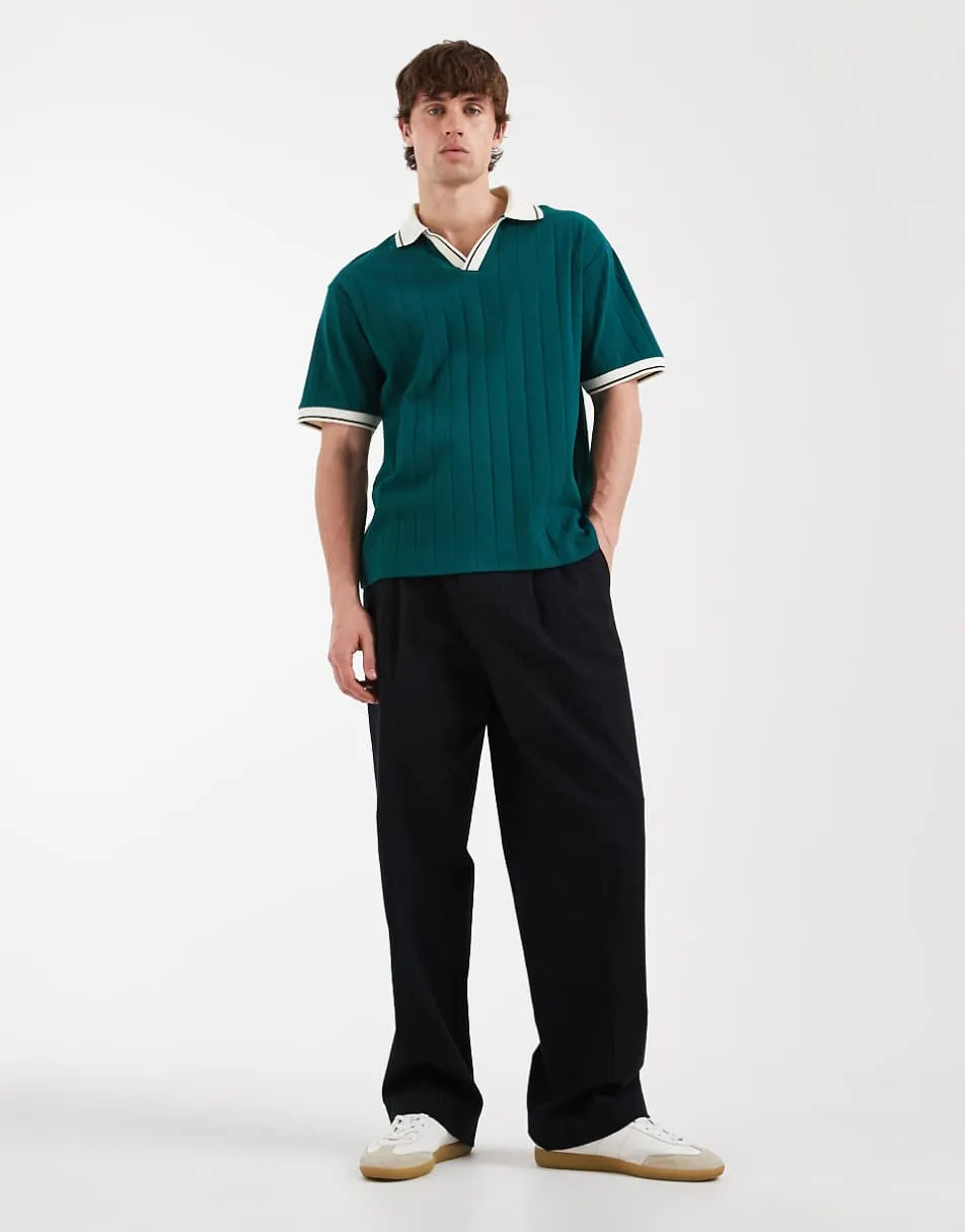 ASOS DESIGN relaxed polo with contrast collar in dark green wide rib