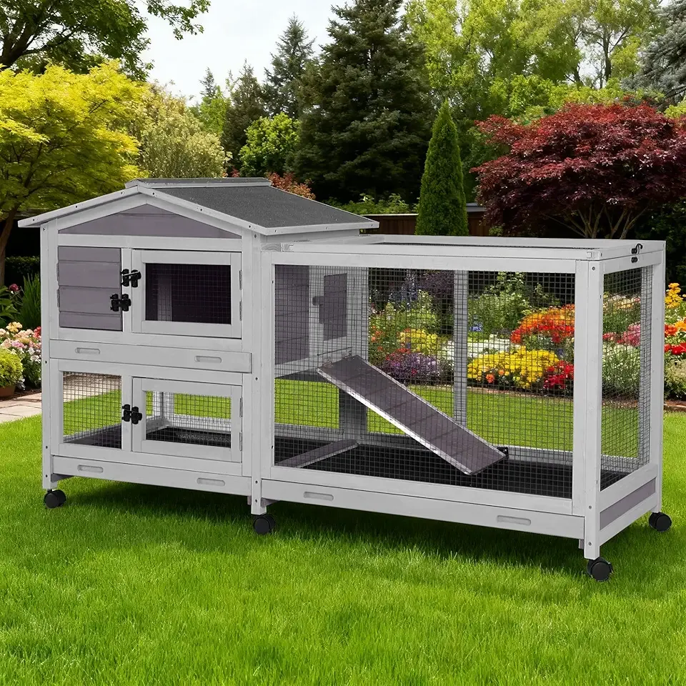 Large Rabbit Hutch Indoor, Bunny Cage Outdoor with Chew-Proof Ramp, 2-Story Guinea Pig Cages with 6 Wheels, 3 Pull-Out Trays, Waterproof Asphalt Roof, 62" L - Grey