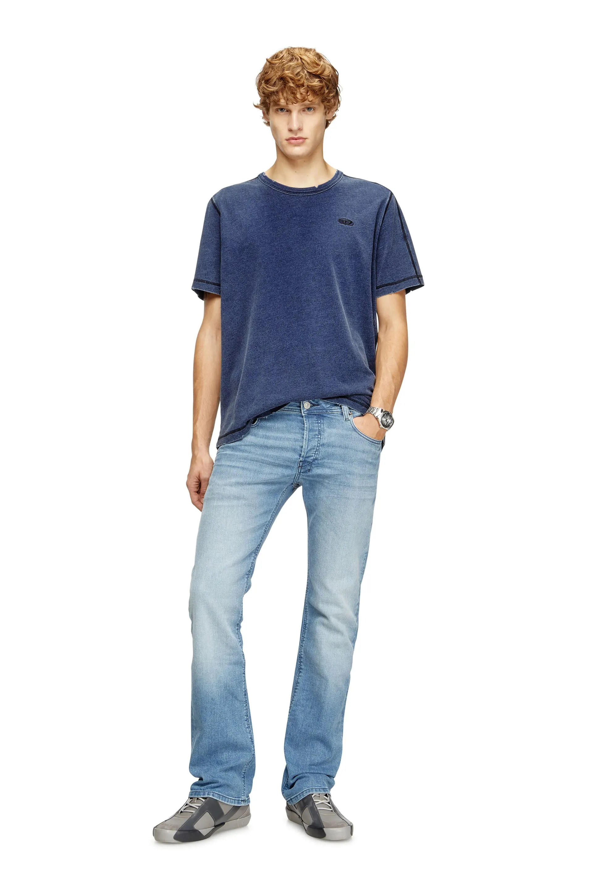 Distressed T-shirt with denim effect