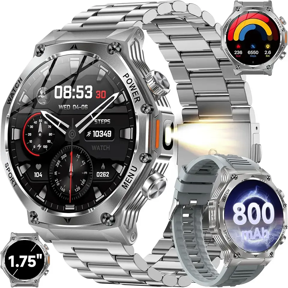 KPEP Military Watches for Men with 2 Straps (Bluetooth Call), 1.75" HD Screen Military Watch with Flashlight, 800mAh Battery, SpO2 Heart Rate Sleep Monitor IP68 Waterproof Smartwatches for Android iOS