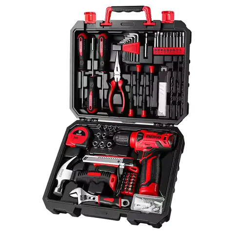 DEKO Drill Set Tool Set with 8V Red Cordless Drill, Home Tool Kit with Drill, Hand Tool Kits for Women 126 Piece